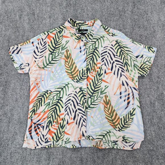 Tahari Top Womens Medium Tropical Linen Short Sleeve Button Up Coastal Blouse - Picture 1 of 11